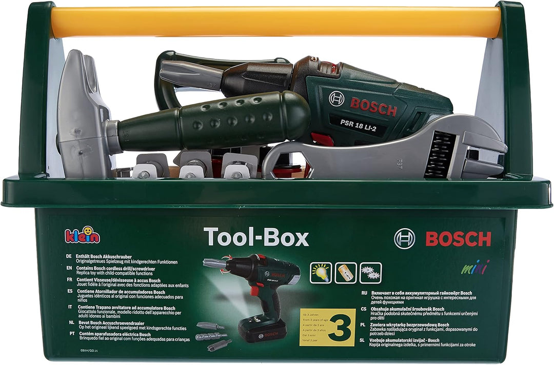 Theo Klein 8429 Bosch Werkzeug-Box | Mit Säge, Hammer, Zange und vielem mehr | Batteriebetriebener A