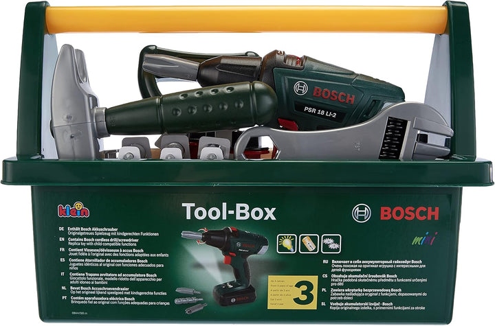 Theo Klein 8429 Bosch Werkzeug-Box | Mit Säge, Hammer, Zange und vielem mehr | Batteriebetriebener A