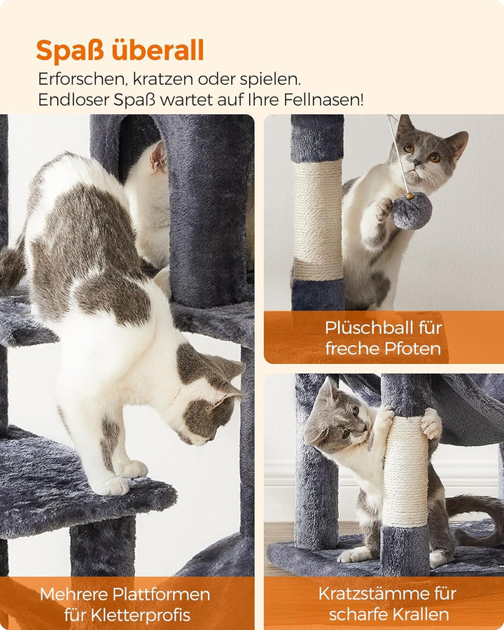 Feandrea Kratzbaum, 143 cm hoch, Katzenbaum, mehrstöckige Katzenhaus, mit 4 Kratzsäulen, 2 Plattform