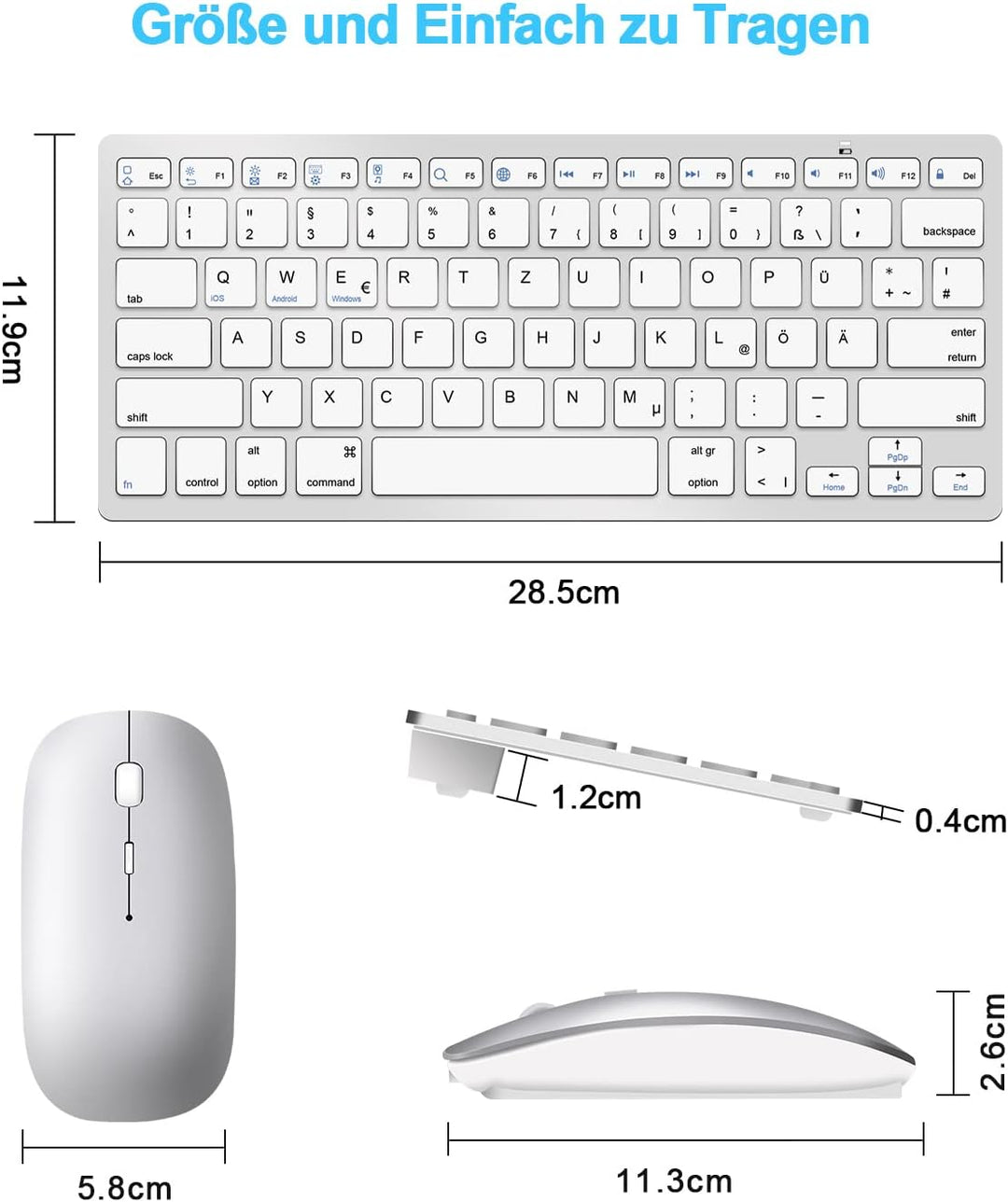 DE Layout Tastatur Maus Set Kabellos, Bluetooth Tastatur mit Maus für Tablet/iPad/Laptop/Phone, Komp