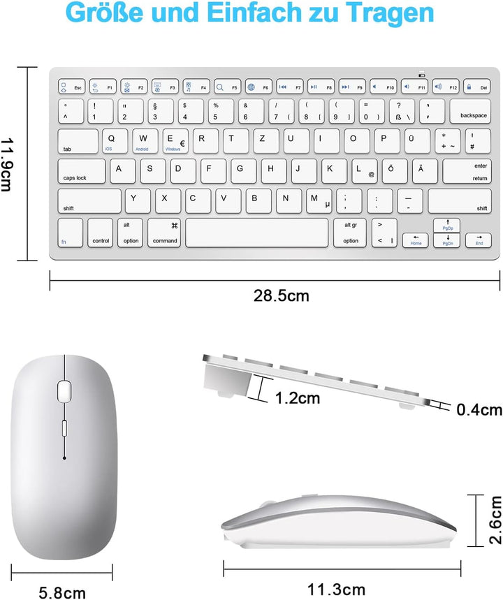 DE Layout Tastatur Maus Set Kabellos, Bluetooth Tastatur mit Maus für Tablet/iPad/Laptop/Phone, Komp