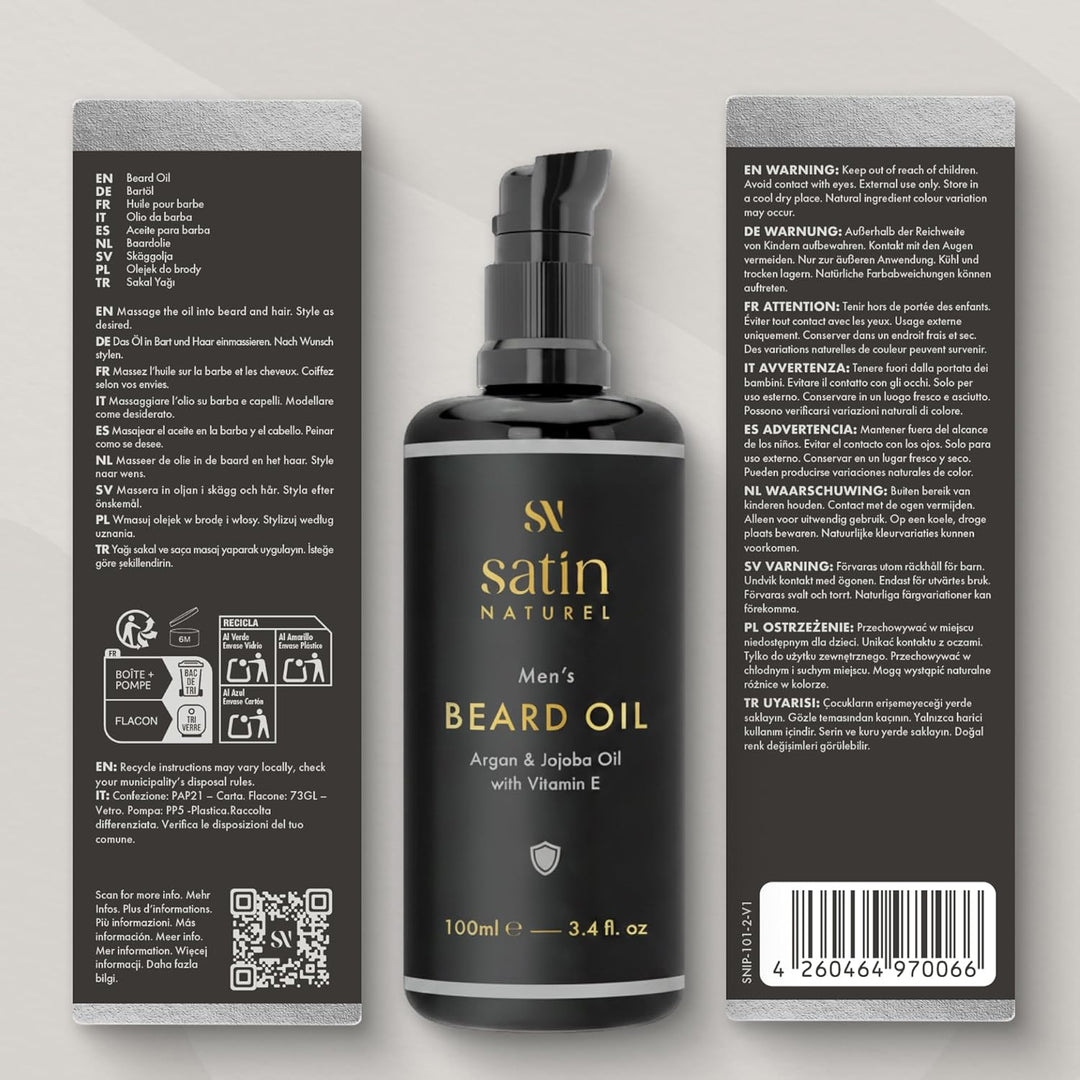 Satin Naturel BIO Bartöl kaltgepresst 100ml – Premium Beard Oil für Herren – Bartpflege mit männlich