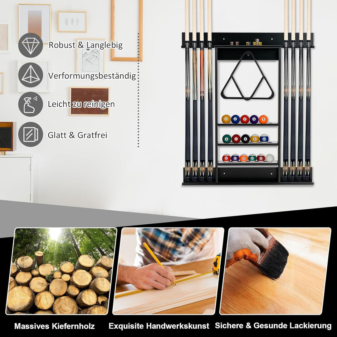 GOPLUS Billardständer, Pool Queue Halter aus Kiefernholz mit 8 Queue-Stifte, 3-stufig, Ball Rack Hal