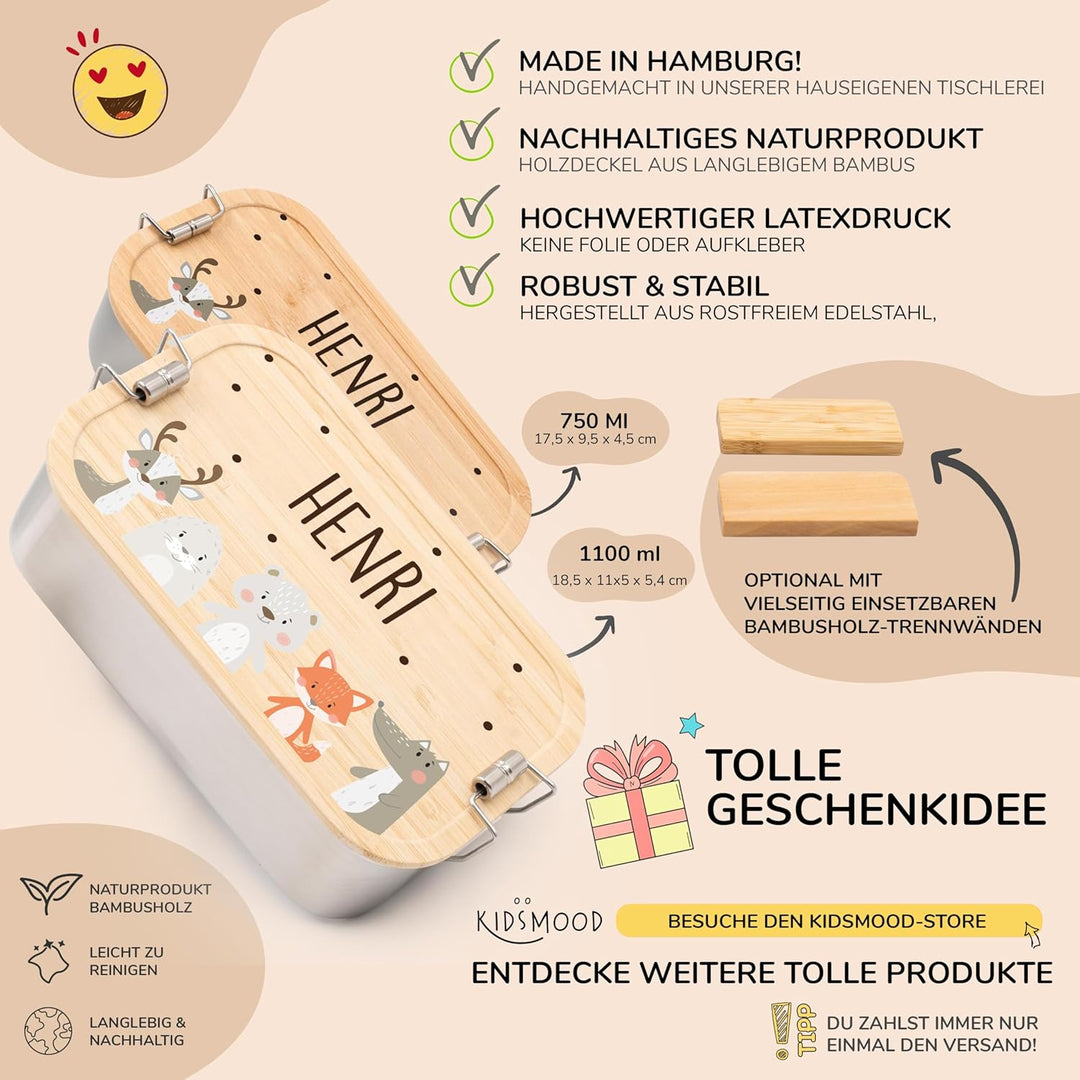 Kidsmood - Personalisierte Brotdose Kinder mit Fächern – Edelstahl Snackbox mit Fächern für Schule &amp;