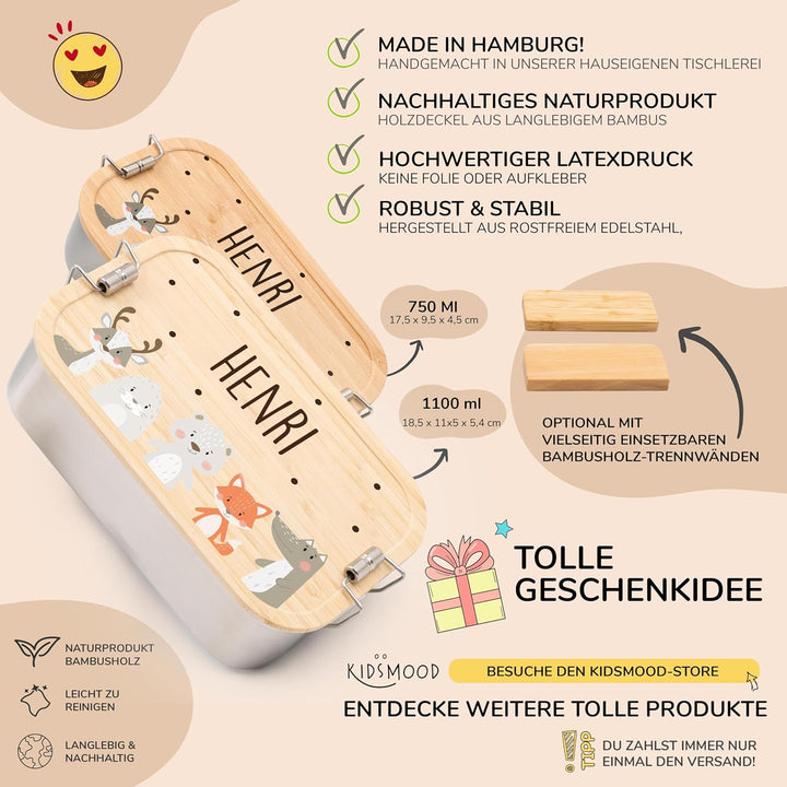 Kidsmood - Personalisierte Brotdose Kinder mit Fächern – Edelstahl Snackbox mit Fächern für Schule &amp;
