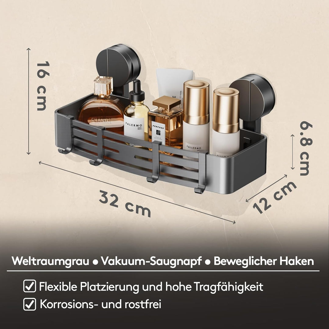Saugnapf-Duschablage ohne Bohren | 4 Haken, 32 cm Länge, 10 kg Tragfähigkeit, 1-Minuten-Installation