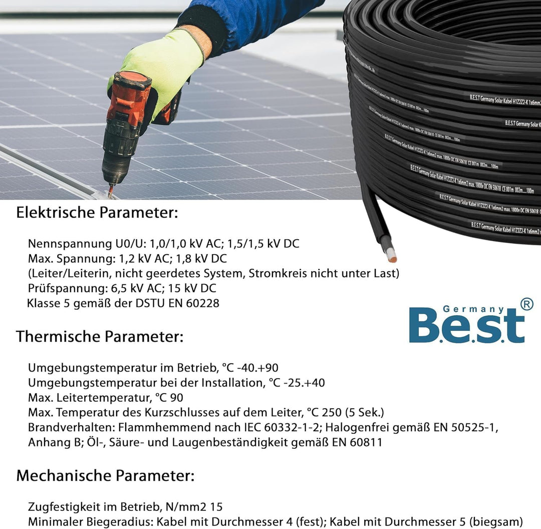 Germany B.E.S.T Solarkabel Solarleitung 10mm² reines Kupferkabel H1Z2Z2-K 20m PV Schwarz 20 M Schwar