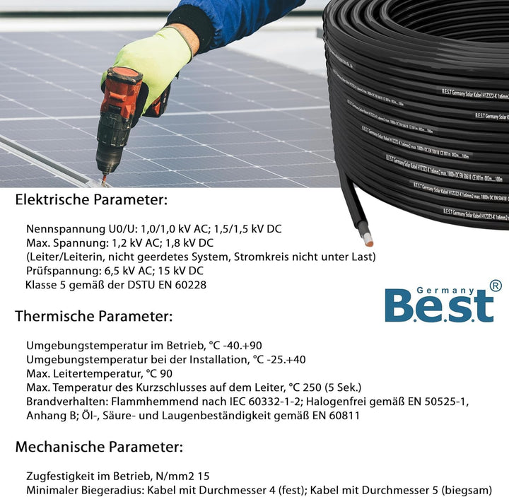 Germany B.E.S.T Solarkabel Solarleitung 10mm² reines Kupferkabel H1Z2Z2-K 20m PV Schwarz 20 M Schwar