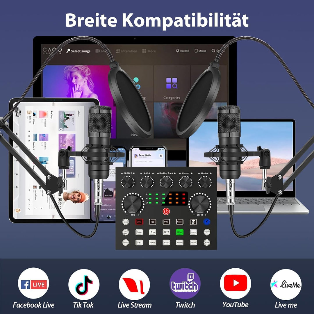 Podcast-Ausrüstungspaket für 2, Audio-Interface mit Sprachumschalter-Kondensatormikrofone für Gamer,
