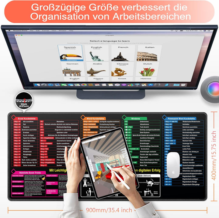 Mauspad XXL, Excel Shortcuts Mousepad Deutsch 900 x 400mm für Office, Word PPT Windows Mauspad gross