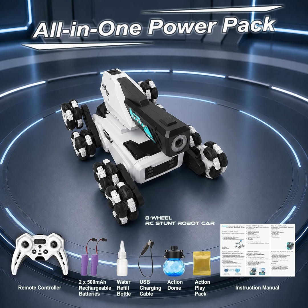 RC Stunt Roboterauto für Kinder, 8-Rad Mecha, 360 Drift, LED &amp; Nebel (Weiss) | Drift-Kurven, 360°-Dr
