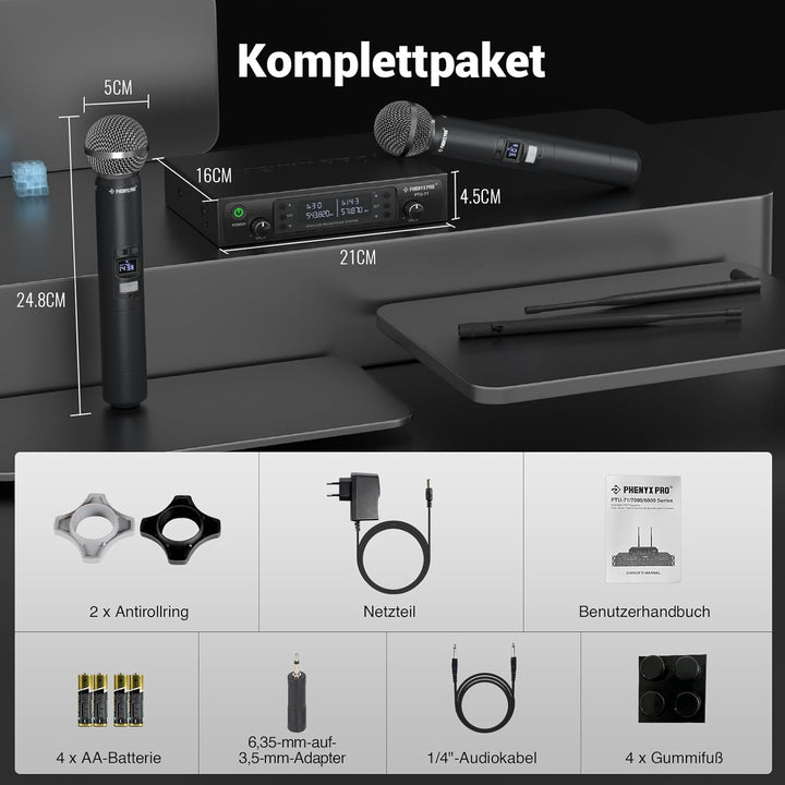 Phenyx Pro Drahtloses Mikrofonsystem, Dynamisches Funkmikrofon, 2x100 Einstellbare UHF Dual, Auto Sc