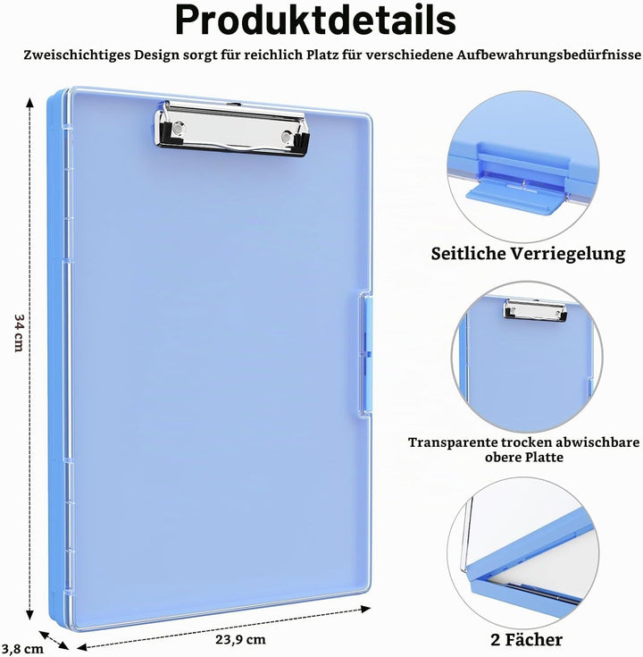 Piasoenc Klemmbrett mit Aufbewahrung, Klemmbretter mit 2 Aufbewahrungsboxen und A4-Papierordner, kla