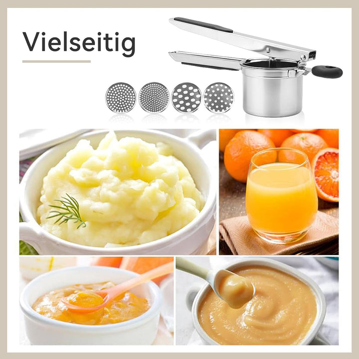 Kartoffelpresse aus Edelstahl, mit 4 austauschbaren Sieben Kartoffelpresse Spätzlepresse für fluffig