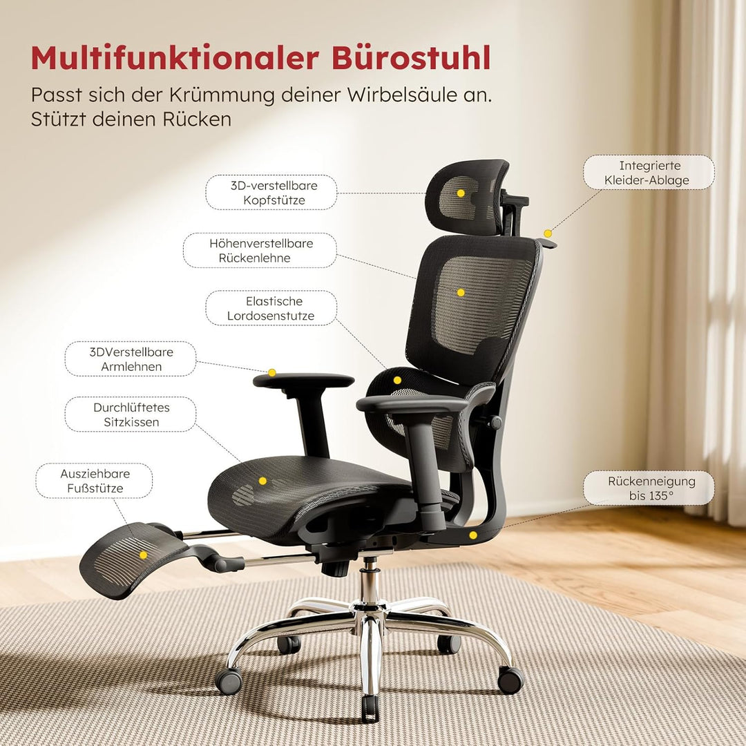Ergonomischer Bürostuhl Voll-Mesh mit Abnehmbarem Kissen, Fussstütze, Höhenverstellbarem Rückenlehne