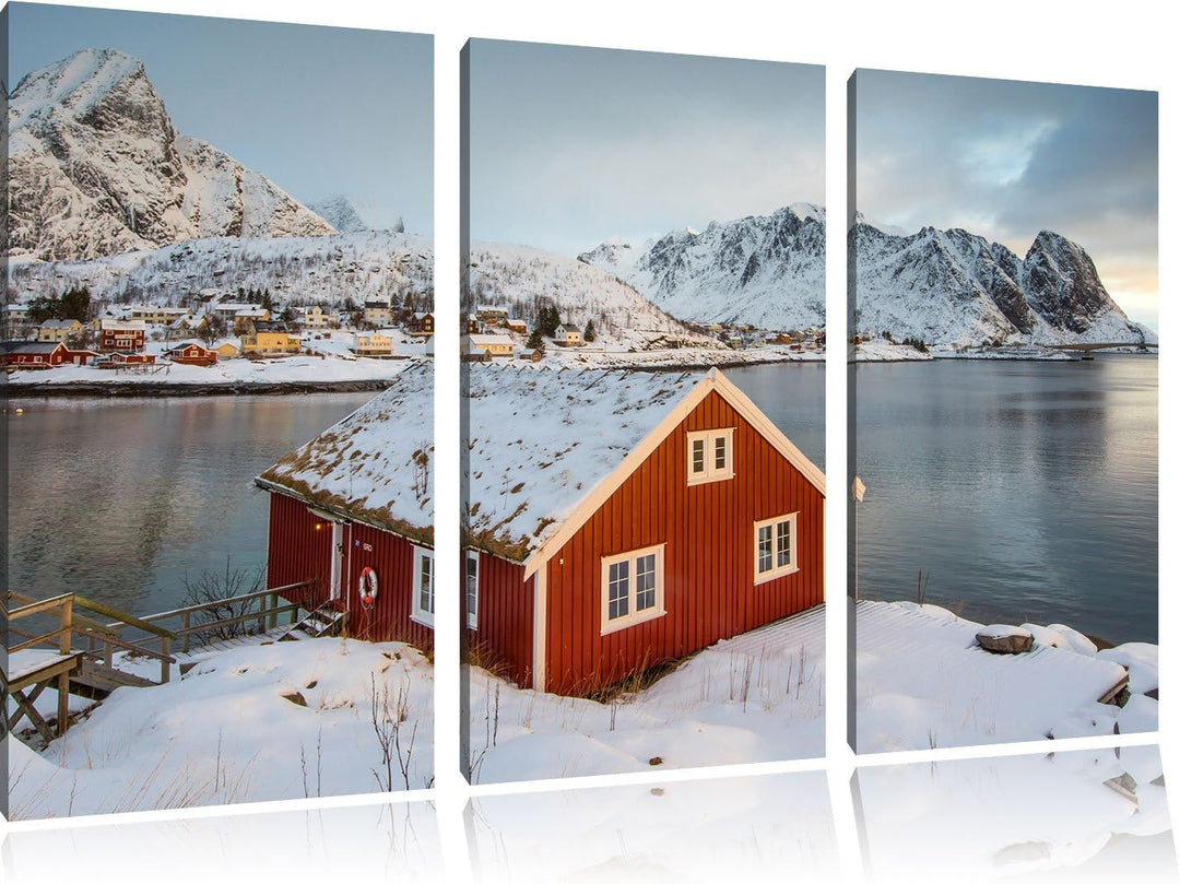 Pixxprint Fischerhaus Lofoten als Leinwandbild/Grösse: 3Teilig / Wandbild/Kunstdruck/fertig bespannt