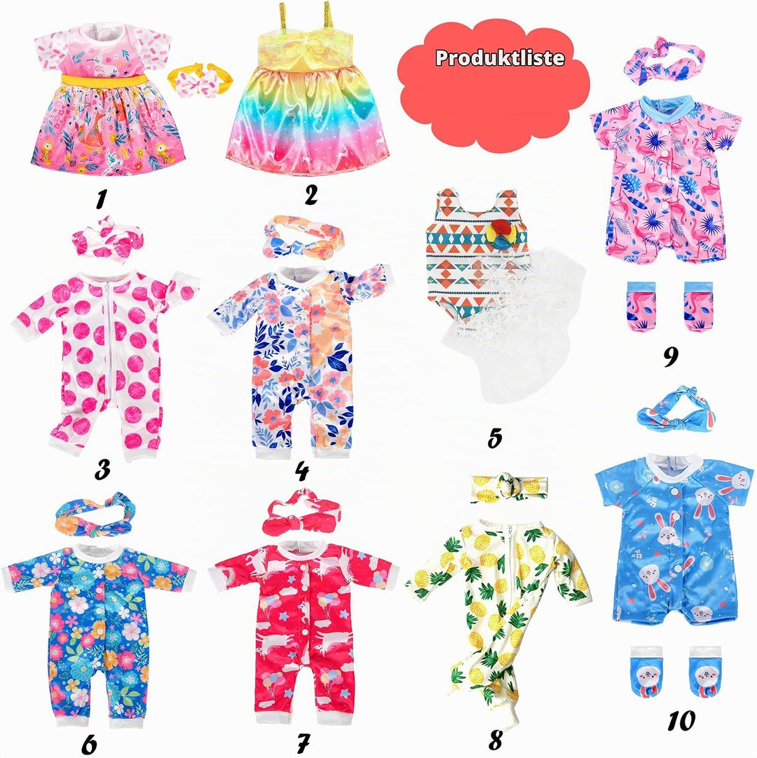 10-Sätze Puppenkleidung umfassen Kleid Outfits und Bikini für 43cm / 17 Zoll Neugeborene Babypuppen