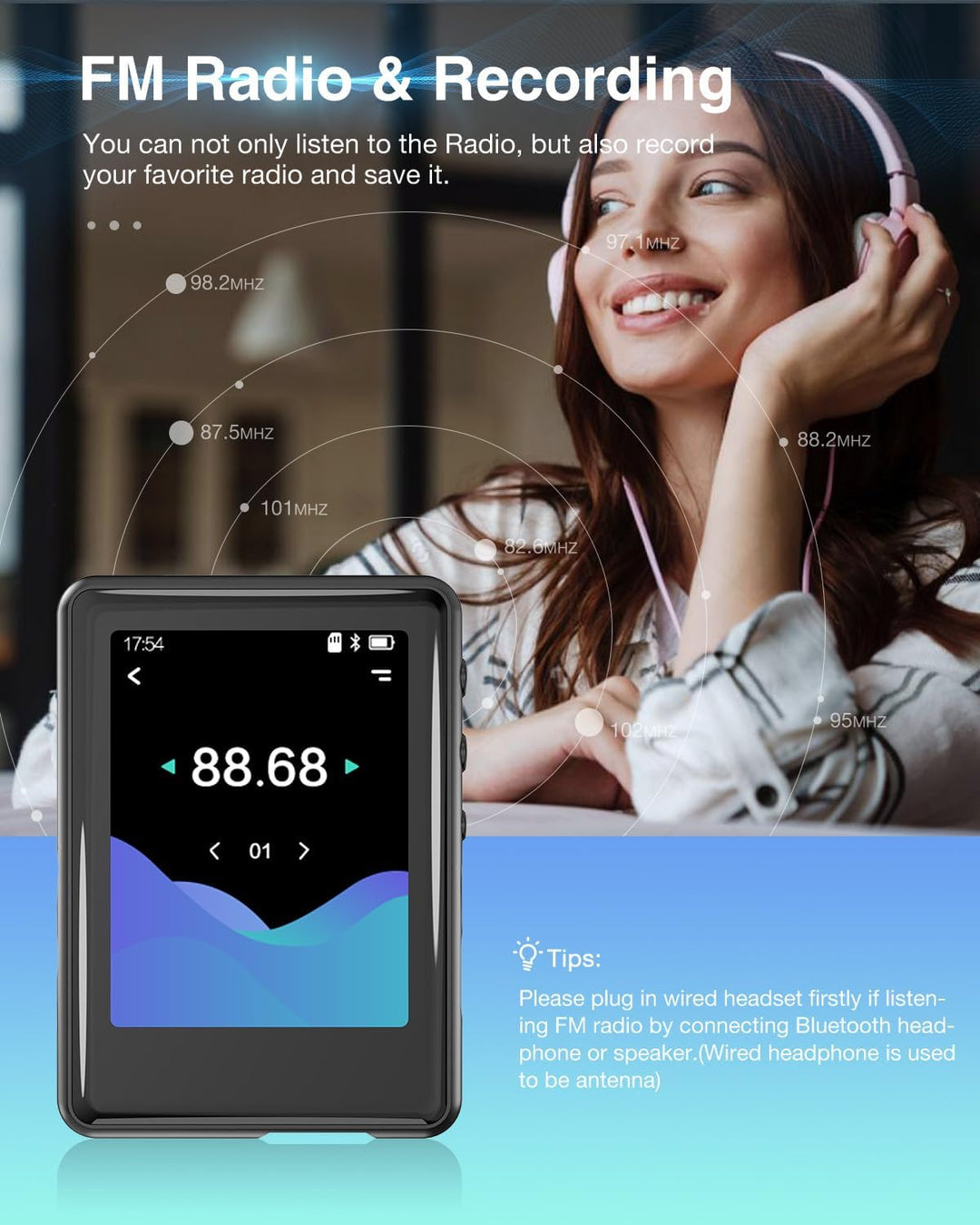 MP3-Player mit Bluetooth 5.3, 16 GB, Full Touchscreen, für Kinder, tragbares Musikgerät mit Lautspre