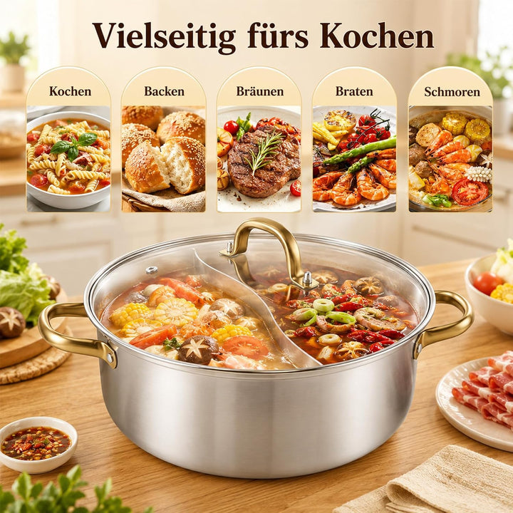 Hot Pot Edelstahl Yin Yang Hotpot Suppentopf Kochtopf Chinesischer Hotpot für Pfanne Induktion, Serv