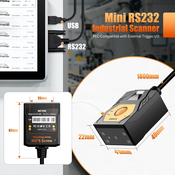 NETUM NT-480(RS232) Embedded Barcode-Leser, Festmontage 2D Scanner für QR &amp; 1D Codes, Freisprech-omn