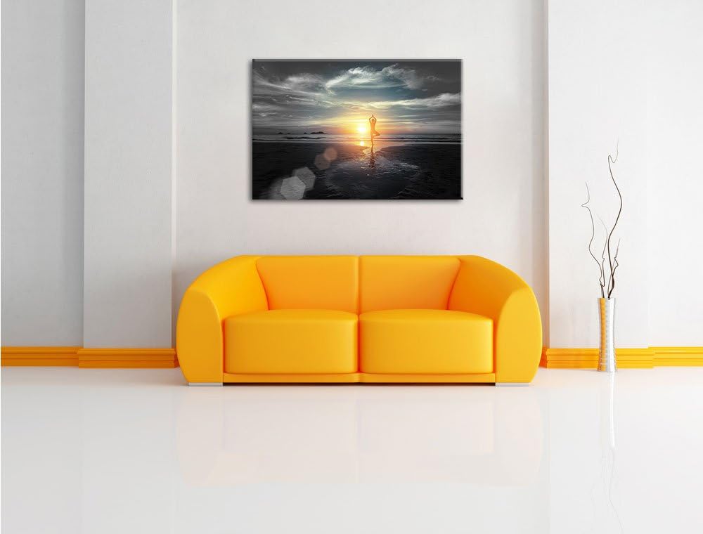 Pixxprint Yoga Silhouette am Strand als Leinwandbild/Grösse: 100x70 cm/Wandbild/Kunstdruck/fertig be
