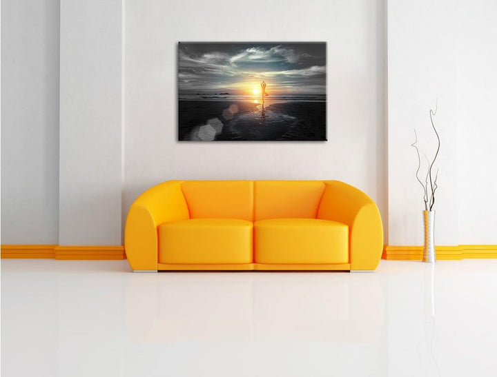 Pixxprint Yoga Silhouette am Strand als Leinwandbild/Grösse: 100x70 cm/Wandbild/Kunstdruck/fertig be