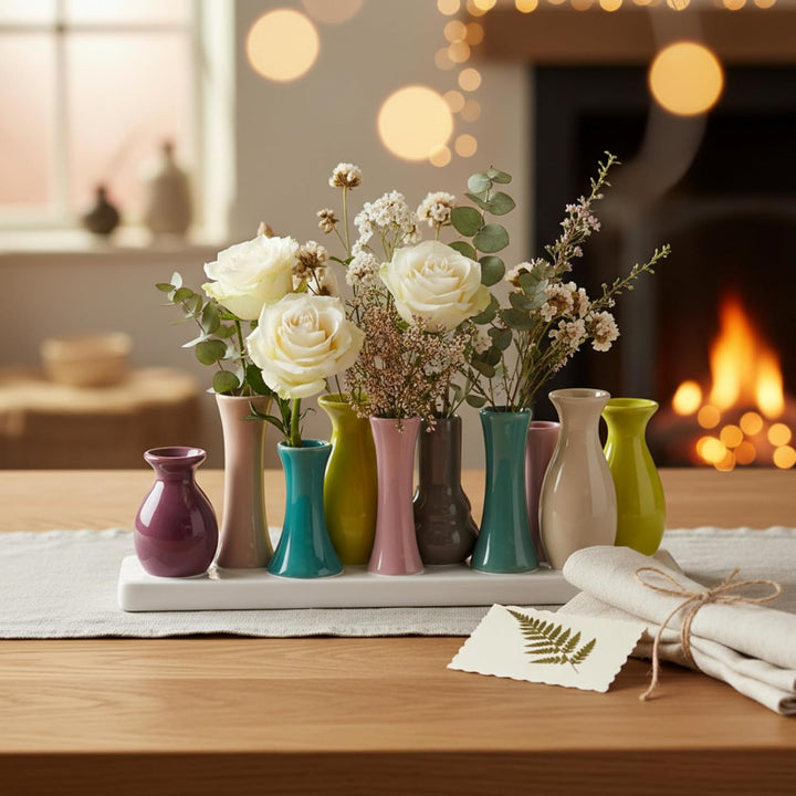 Jinfa Handgefertigte kleine Keramik Deko Blumenvasen Set aus 10 Vasen in bunt 10 Vasen Bunt, 10 Vase