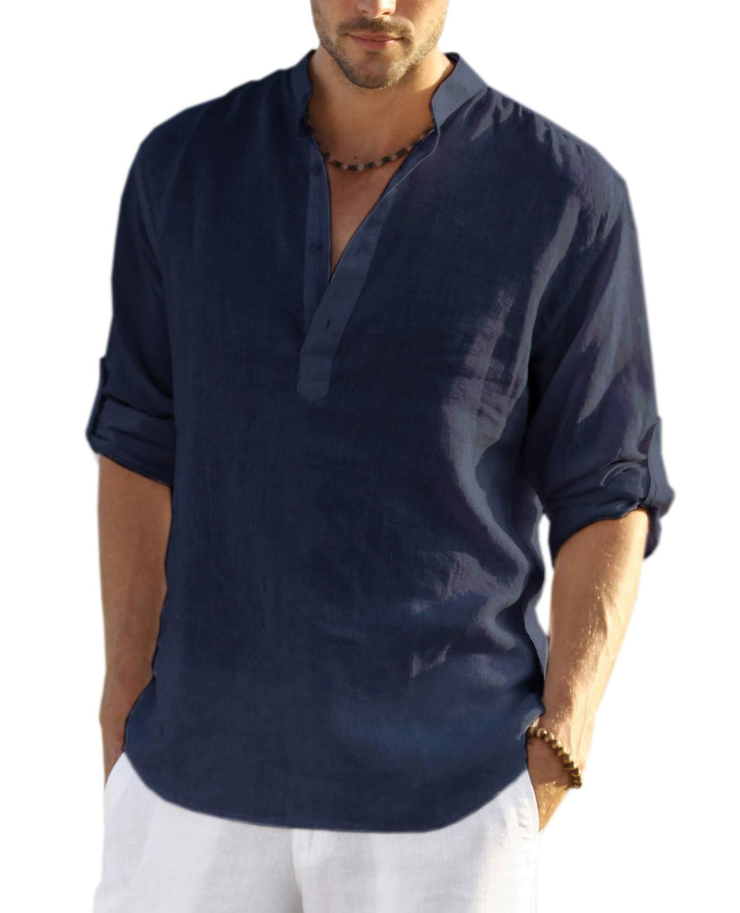 COOFANDY Hemd Herren Langarm Leinenhemd Baumwolle Henley Shirt Casual Regular Fit Sommerhemd S Dunke