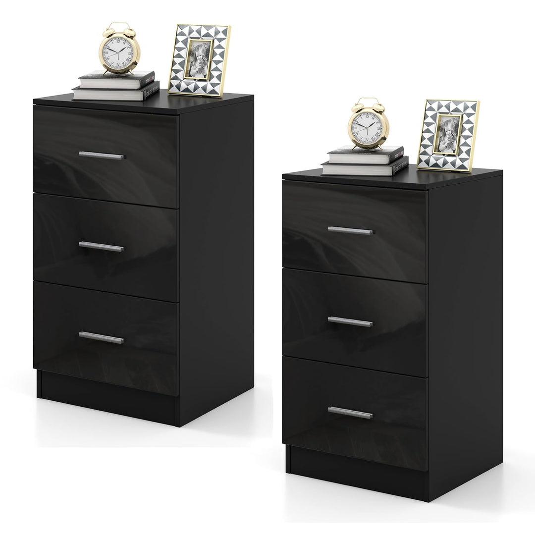 COSTWAY 2er Set Nachttisch mit 3 Schubladen, Hochglanz Nachtschrank, Nachtkommode für Boxspringbett,