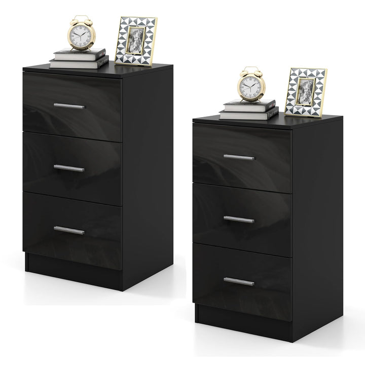COSTWAY 2er Set Nachttisch mit 3 Schubladen, Hochglanz Nachtschrank, Nachtkommode für Boxspringbett,
