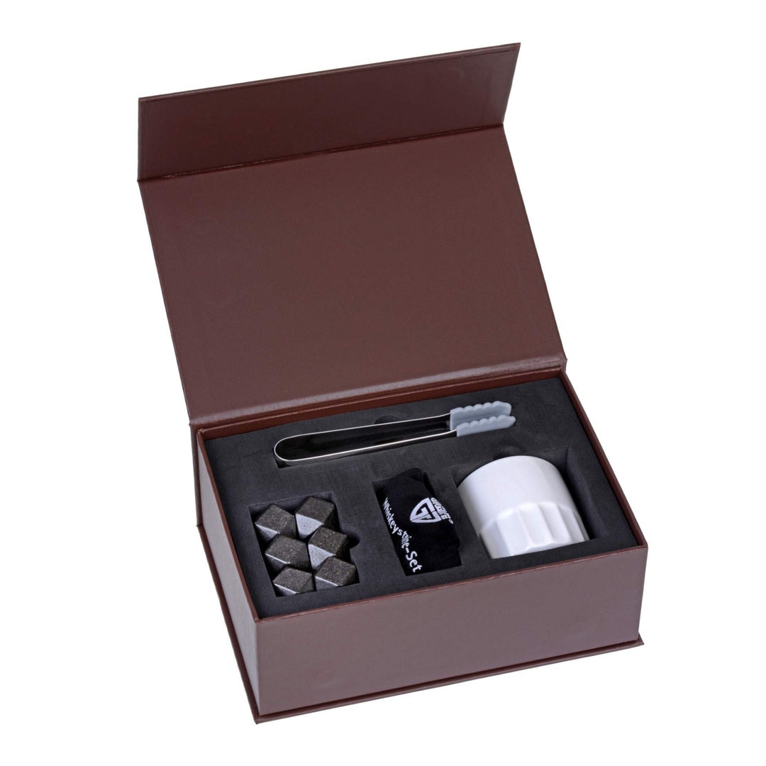 GRÄWE Whiskey-Steine Set aus Marmor - Geschenk-Box mit 6 Kühlsteinen, Stoffbeutel, Zange und Marmorb