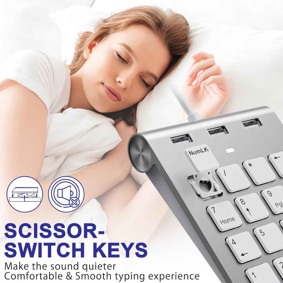 USB C/USB A Numeric Keypad Wired, Ziffernblock Ergonomischer Mini Nummernblock mit 3 USB 2.0 Ports,