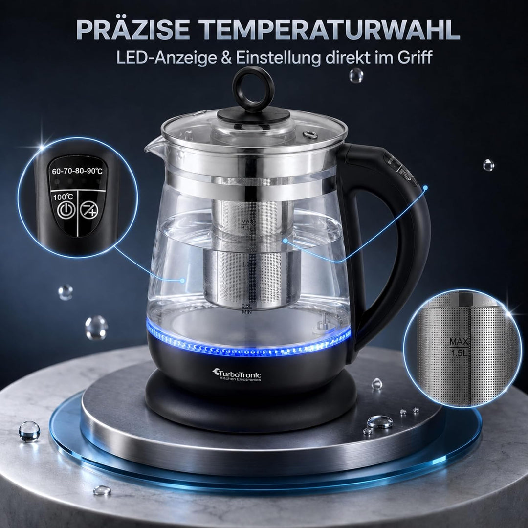 TurboTronic Glas Wasserkocher 100% plastikfrei, 1,5 Liter mit Edelstahl Kalkfilter, LED Beleuchtung