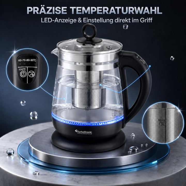 TurboTronic Glas Wasserkocher 100% plastikfrei, 1,5 Liter mit Edelstahl Kalkfilter, LED Beleuchtung