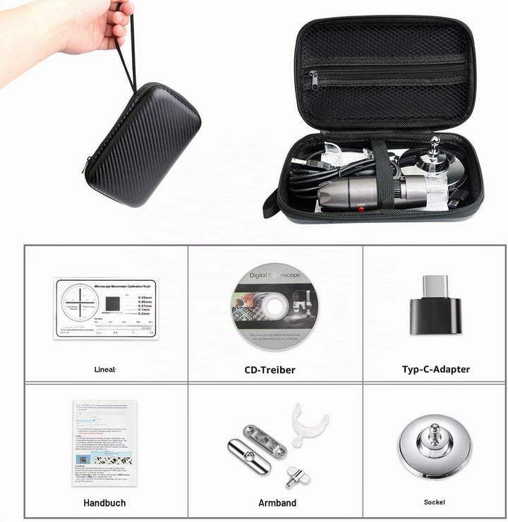 Cainda USB-Mikroskop-Kamera, 40 x bis 1000 x, digitales Mikroskop mit Metallständer und Tragetasche,