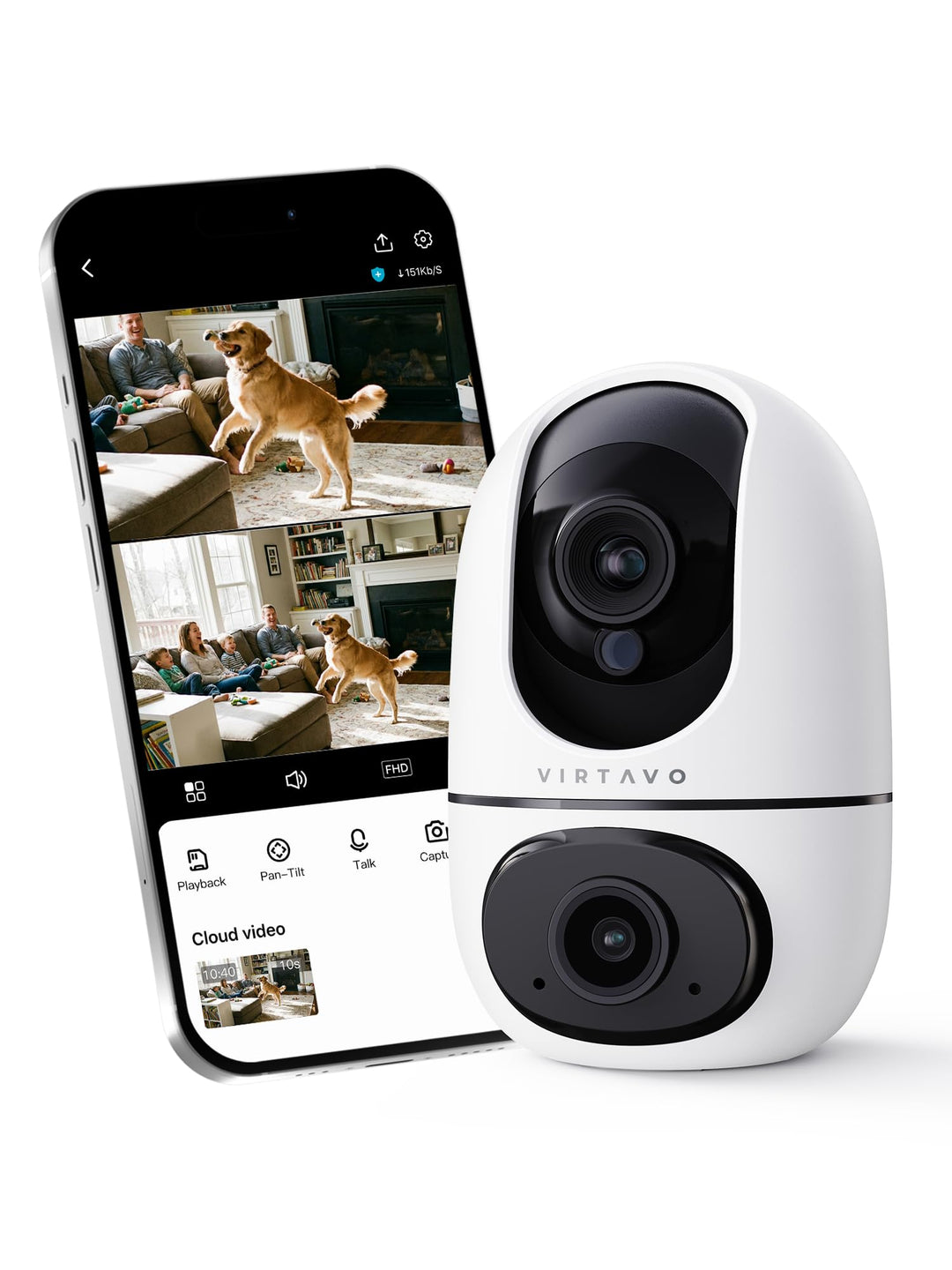 VIRTAVO WLAN Dual Kamera Überwachung Innen, 2 Ansichten Gleichzeitig, Ohne ABO, Smart Tracking, Rund
