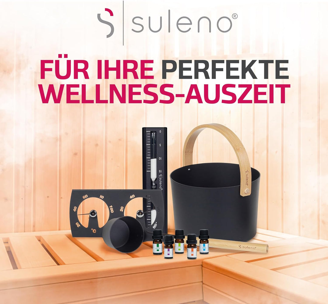 SULENO - Sauna Set KJELL | 9-teilig - Saunakübel, Saunakelle, Klimamesser 2in1, Sanduhr, Saunadüfte,