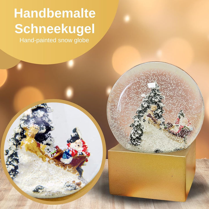 Weihnachts-Schneekugel | Weihnachtsmann mit Geschenken | Farbe rot Gold | 100mm breit, 120mm hoch |