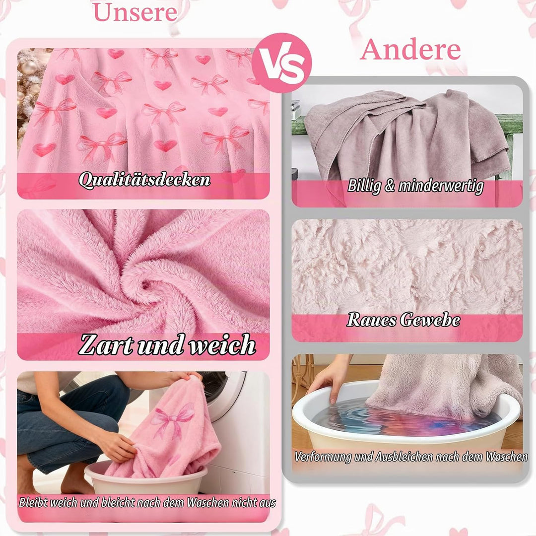 Rosa Schleife Flauschig Kuscheldecke, Decke Aesthetic mit Schleifen und Herzen, Kuscheldecke 130x150