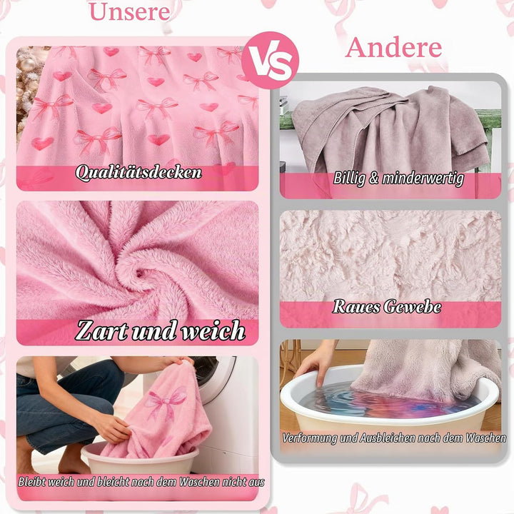 Rosa Schleife Flauschig Kuscheldecke, Decke Aesthetic mit Schleifen und Herzen, Kuscheldecke 130x150