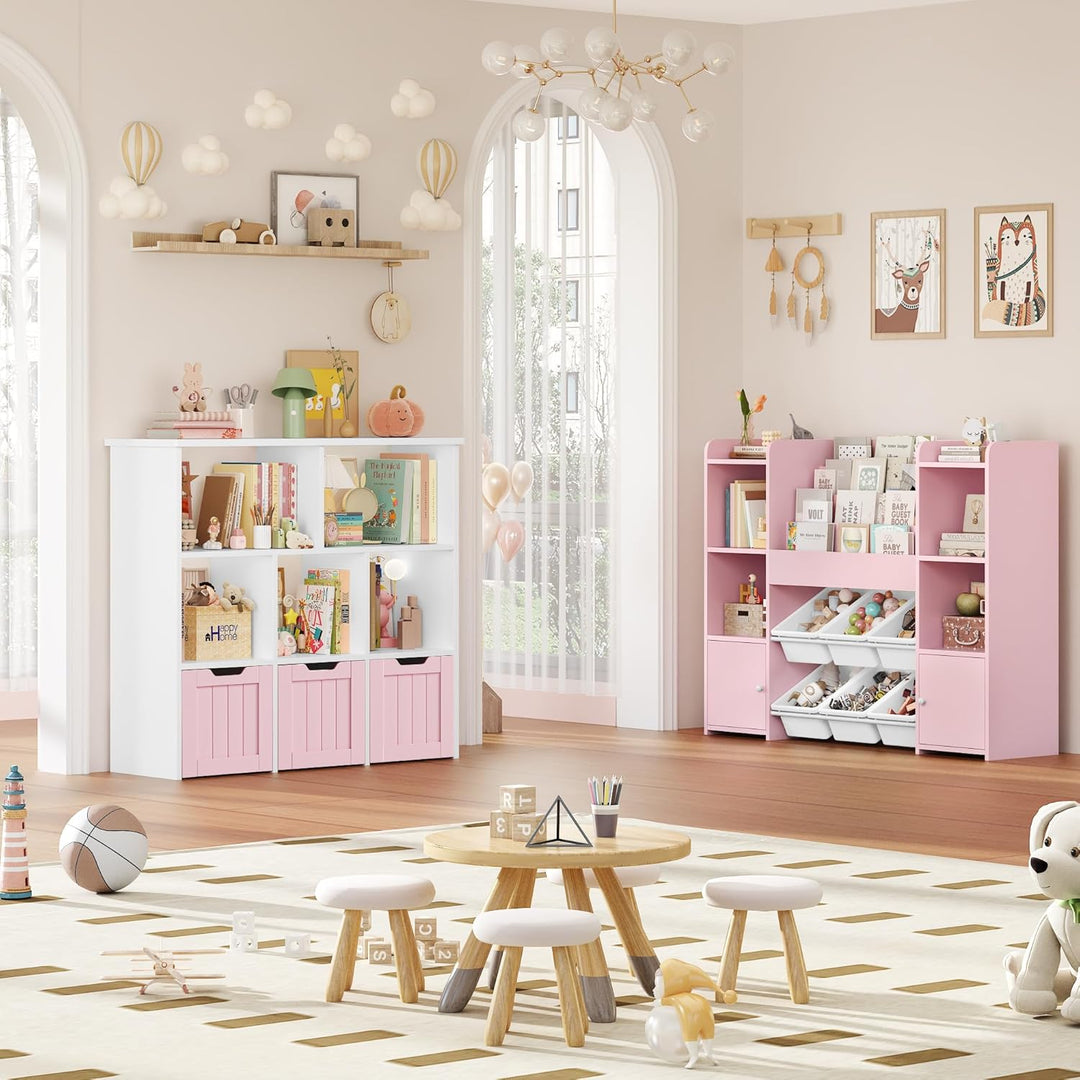 FOREHILL Kinderregal mit Boxen auf Rollen, Kinderzimmer Möbel, Spielzeugregl, Aufbewahrungregal,Büch