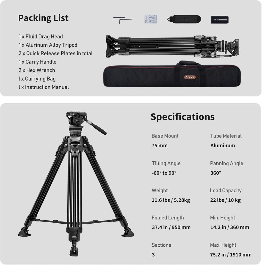 Cayer FA310H Video Tripod with K10 Fluid Head - One-Touch Leg Locks & Rapid Adjust - 22 lbs Load Alu