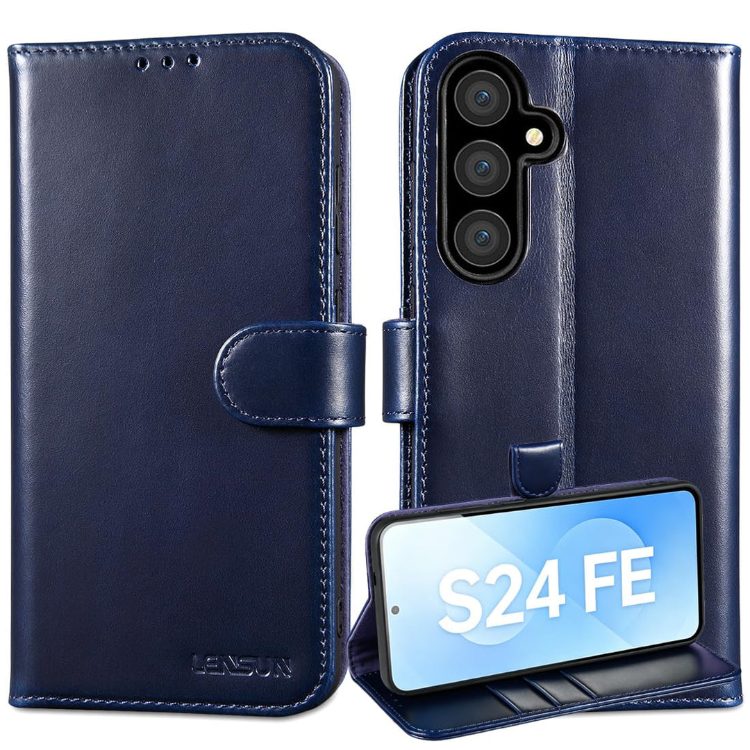 LENSUN Handyhülle für Samsung Galaxy S24 FE Echtleder, Hülle [Echtes Leder][Bookstyle][Kartenfächer]