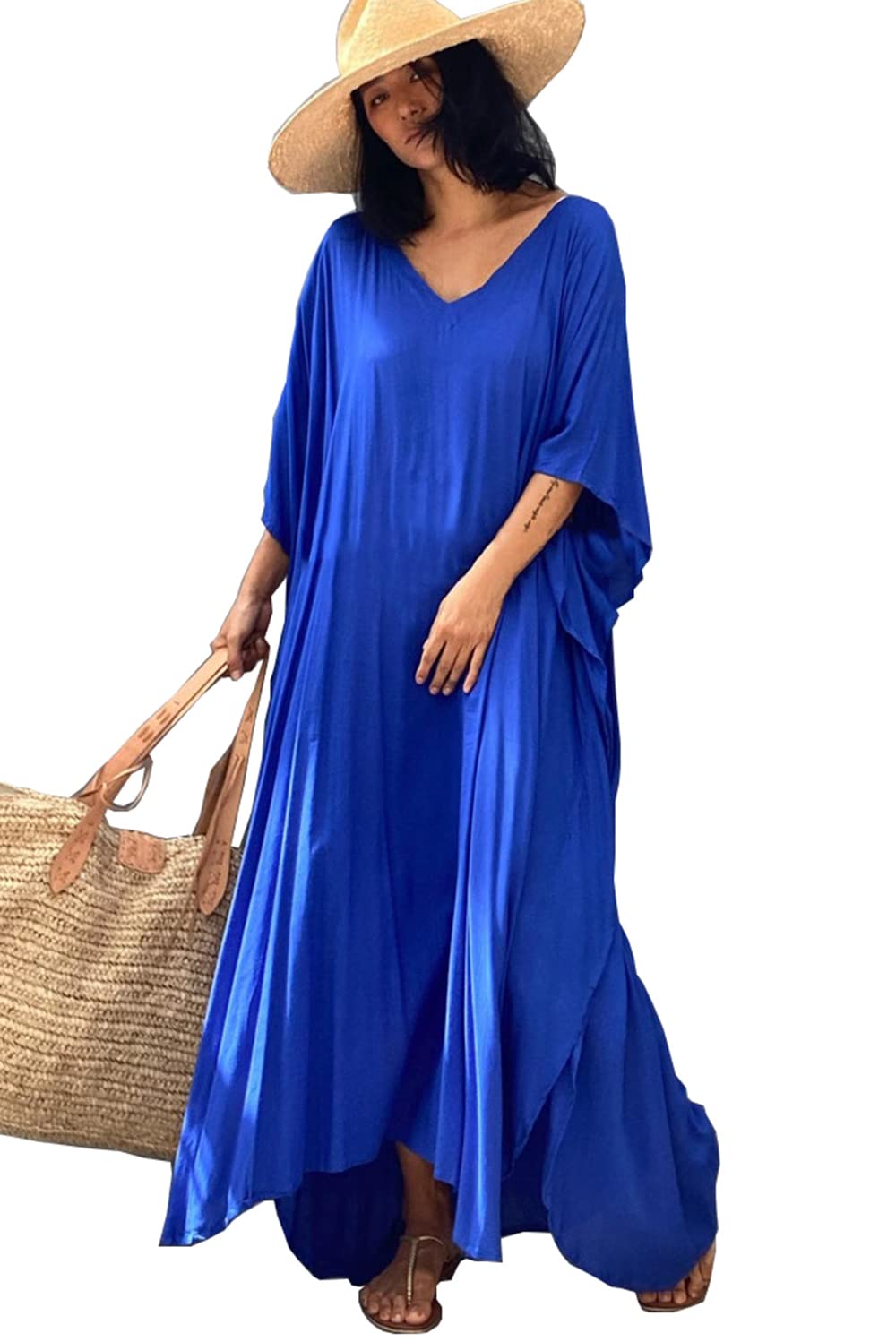 LikeJump Schnelltrocknend Boho Kaftan Beach Maxikleid für Damen Sommer Bikini Cover Ups Übergrösse S