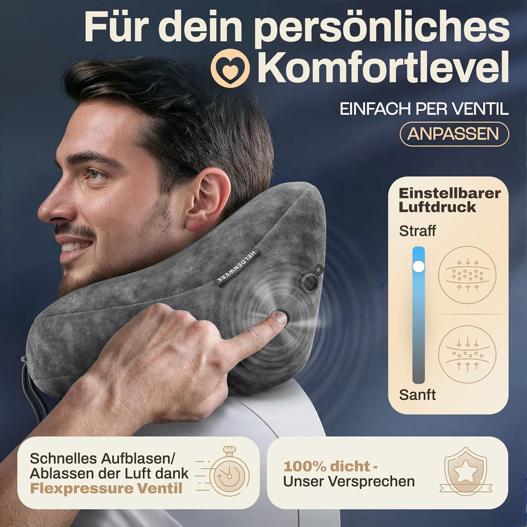 HELDENWERK® Air Nackenkissen Flugzeug Aufblasbar | Reisekissen für 5 Schlafpositionen, schnell aufbl