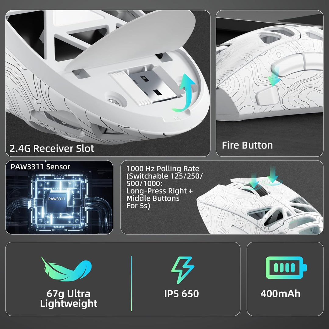 AULA SC620 Kabellose Gaming Maus,BT5.0/2.4G/USB-C,mit PixArt PAW3311-Sensor,12000DPI,8KHz,Feuertaste