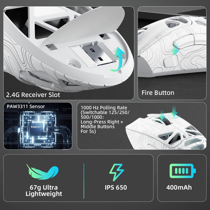 AULA SC620 Kabellose Gaming Maus,BT5.0/2.4G/USB-C,mit PixArt PAW3311-Sensor,12000DPI,8KHz,Feuertaste