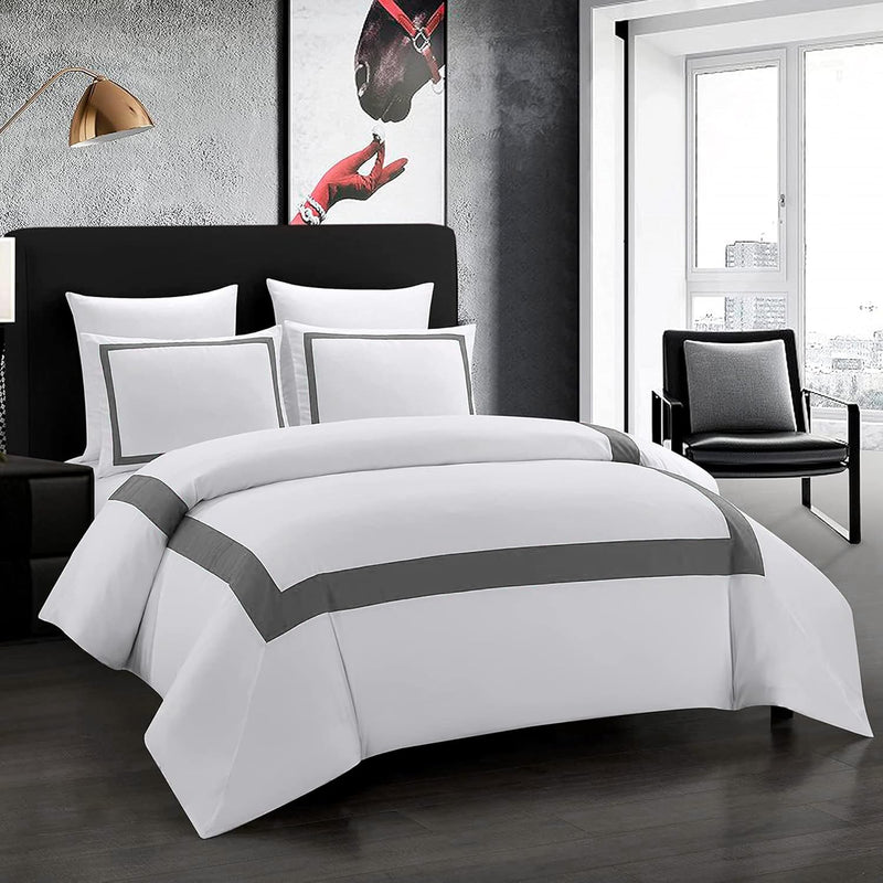 OSVINO Bettwäsche 200x200 cm mit 2 Kissenbezug 50x75 cm Weiss und Grau Hotel Bettwäsche Streifenrahm