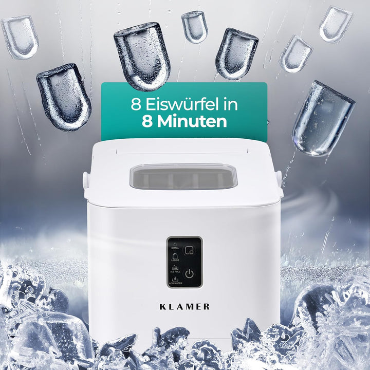 KLAMER Eiswürfelmaschine klein (2025), 8 Eiswürfel in 8 Minuten, 11 kg Eiswürfel pro Tag, 2 Eiswürfe