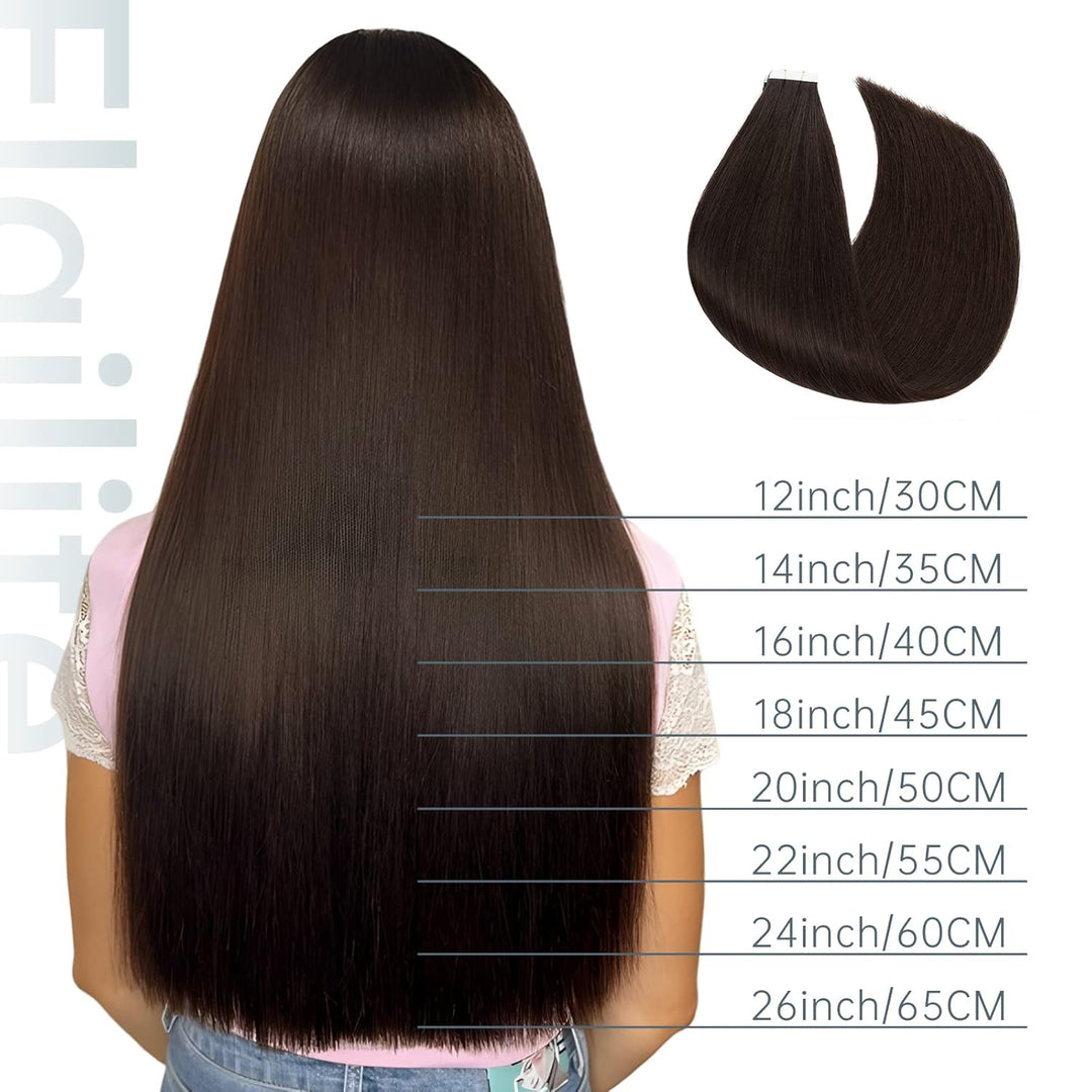 Elailite Extensions Echthaar Tape #2 Dunkelbraun, 20 Stück/Packung Real Human Hair, 35cm Indian Haar